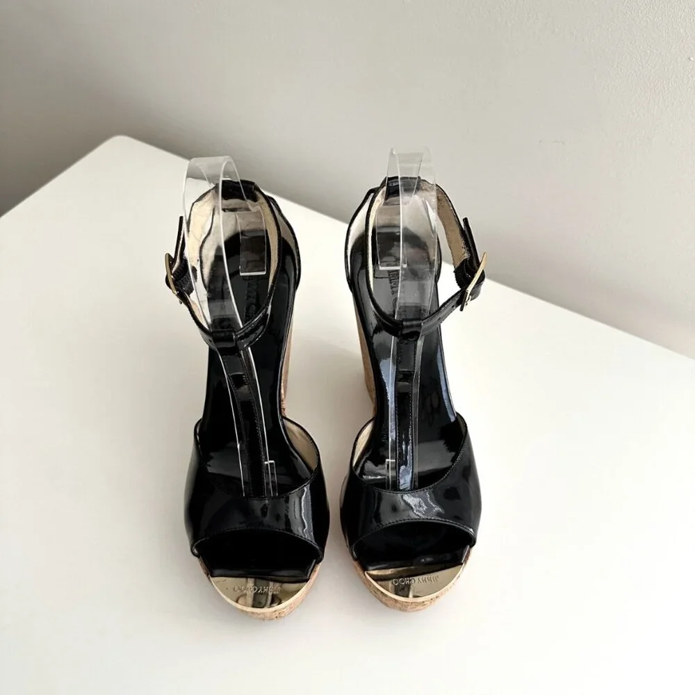 JIMMY CHOO Black Patent Leather T-Strap Platform Cork Wedge Sandals Size 38